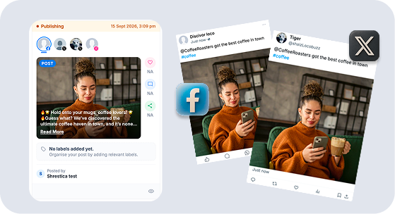 A single post composed once and published to Facebook and X profiles