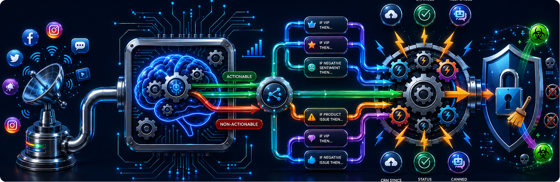 Signals from social channels flow into the AI engine, split into conditional paths, drive automated actions, and end at brand-safety moderation